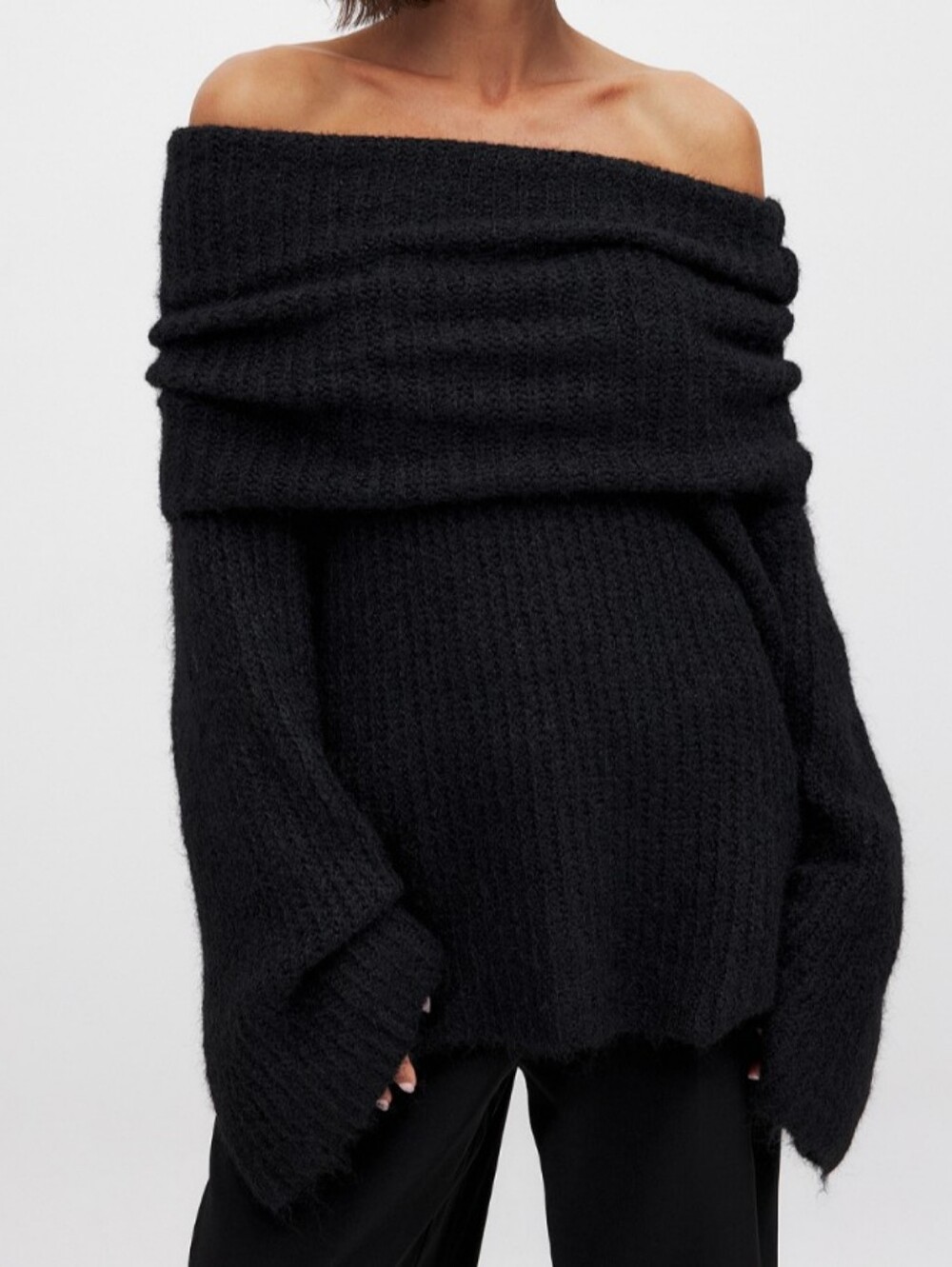 ZARA black off the shoulder flare sleeve sweater sz M